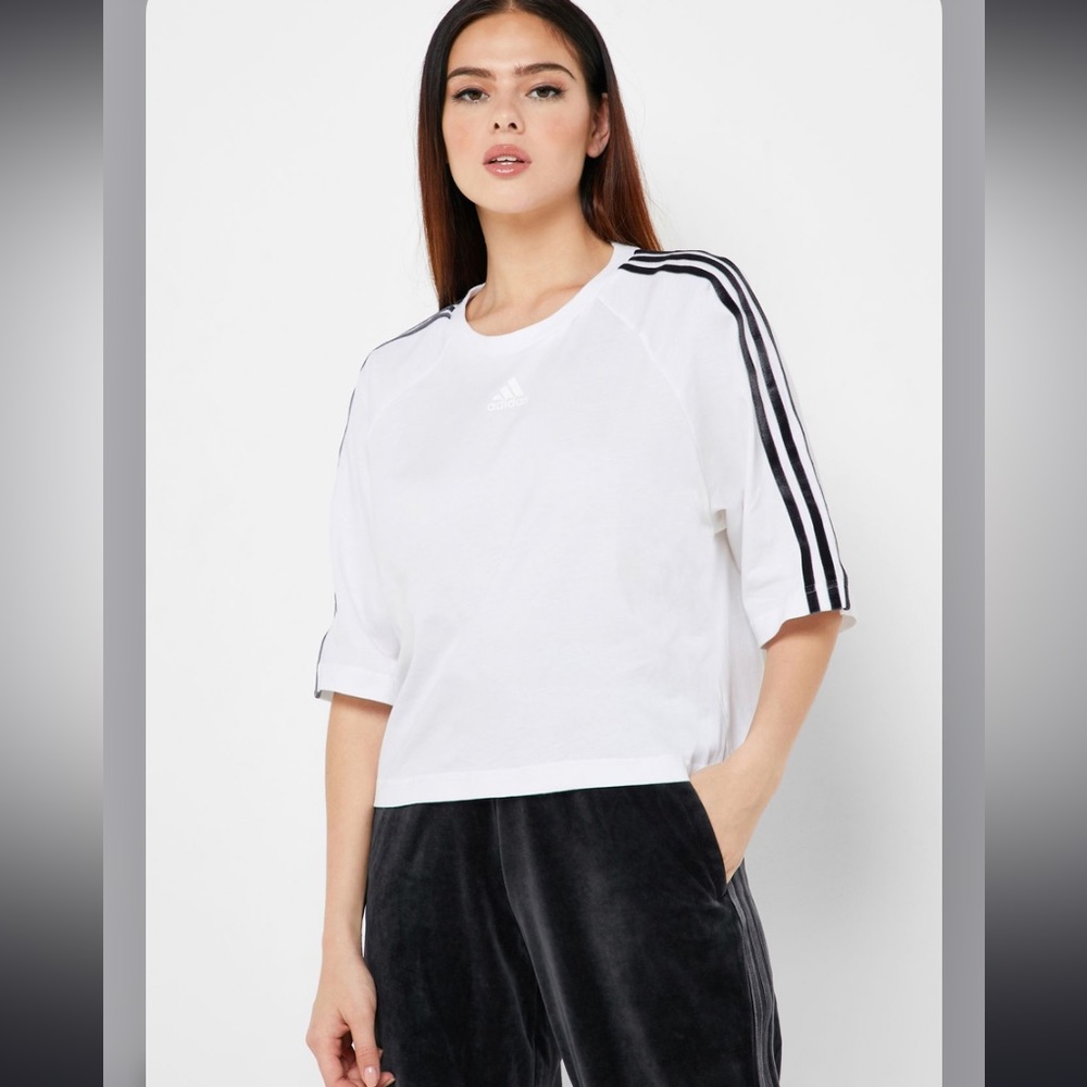 * NWT Adidas cotton cropped shirt velour stripes sport ID 3 stripe